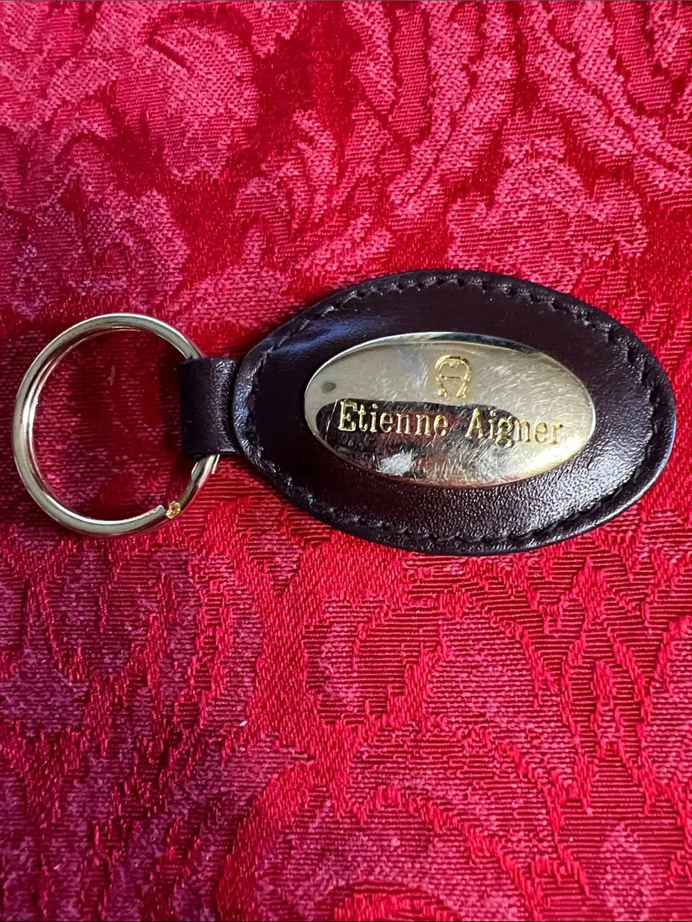 Etienne Aigner Brown Leather Key Fob Gold Tone Logo Keychain